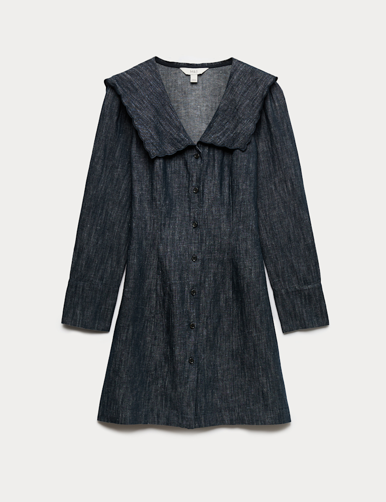 Denim Sailor Collar Mini Dress with Linen