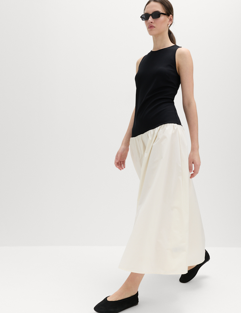 Cotton Blend Contrast Midi Drop Waist Dress