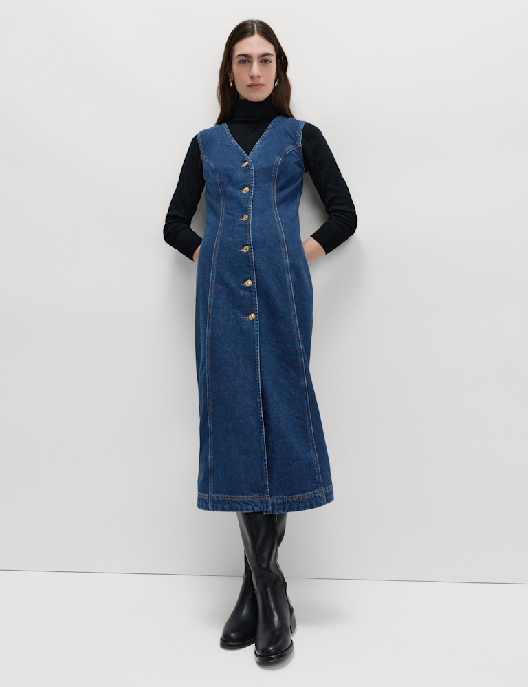 Denim V-Neck Button Through Midi Shift Dress