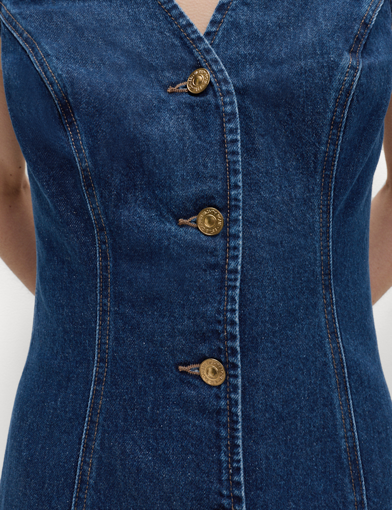Denim V-Neck Button Through Midi Shift Dress