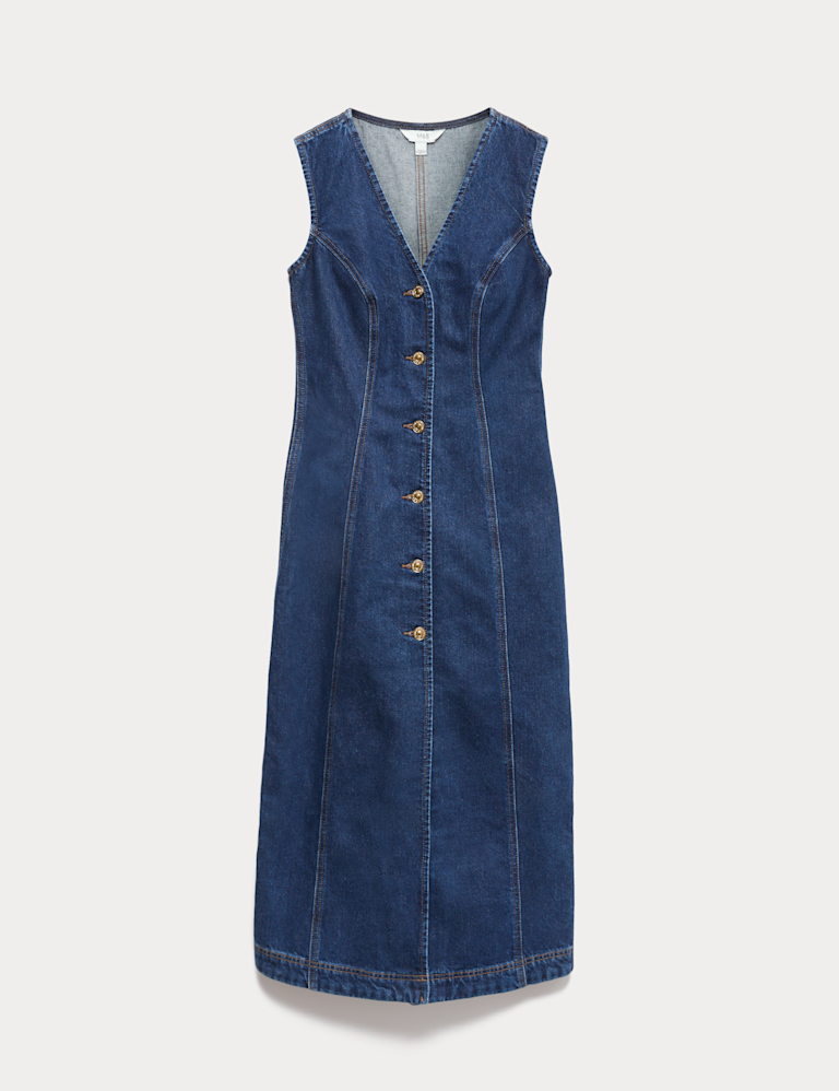 Denim V-Neck Button Through Midi Shift Dress