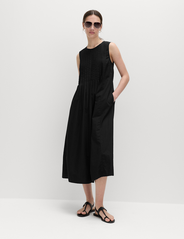 Pure Cotton Pintuck Midi Relaxed Dress