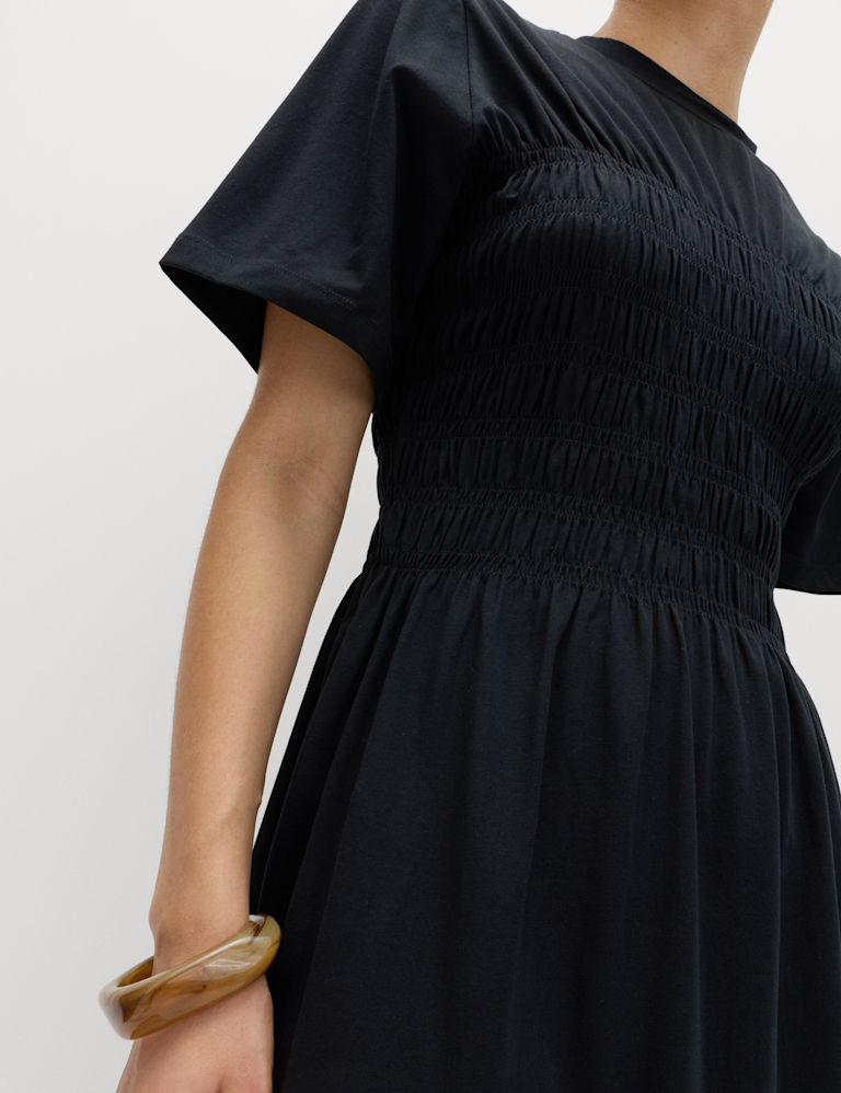 Cotton Rich Shirred Midi T-Shirt Dress