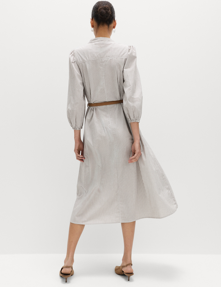 Pure Cotton Striped V-Neck Midi Shirt Dress