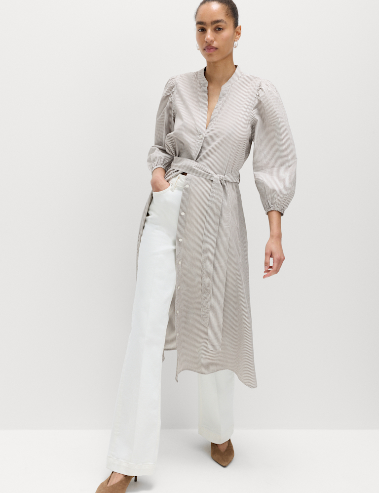 Pure Cotton Striped V-Neck Midi Shirt Dress