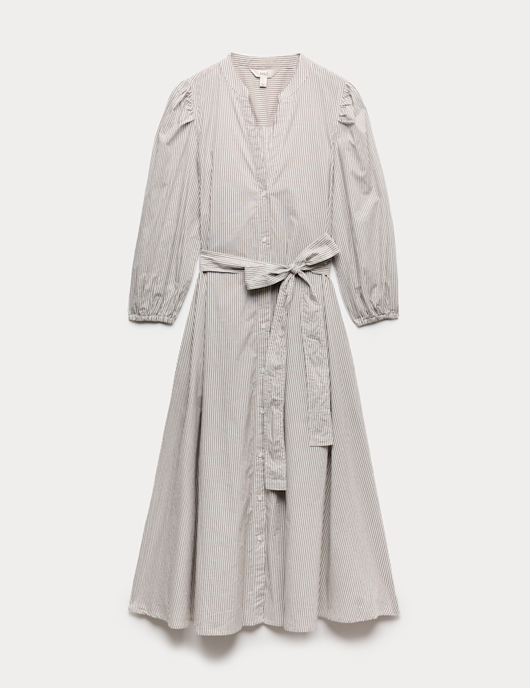 Pure Cotton Striped V-Neck Midi Shirt Dress