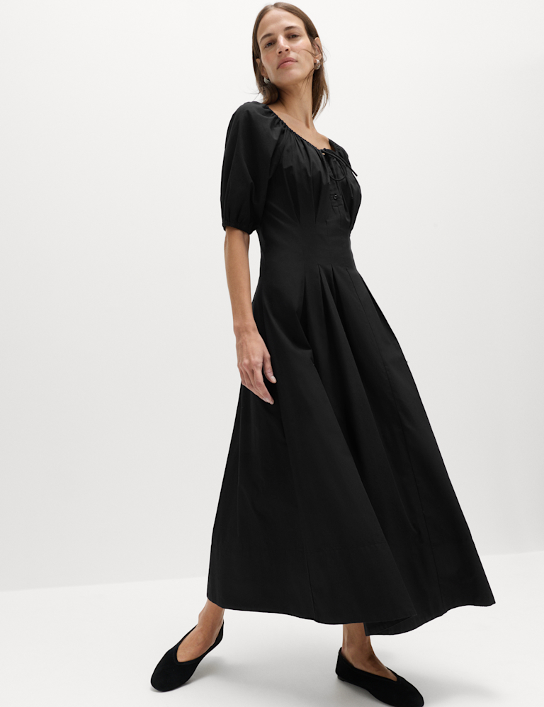 Pure Cotton Pleated Midi Waisted Tea Dress