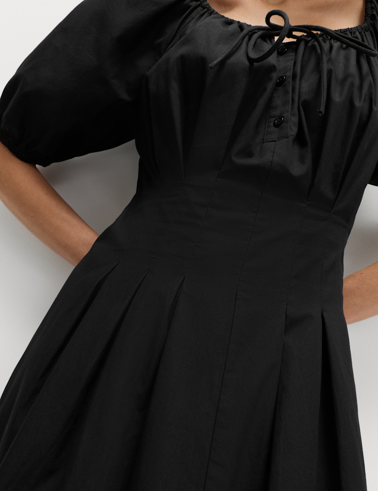 Pure Cotton Pleated Midi Waisted Tea Dress