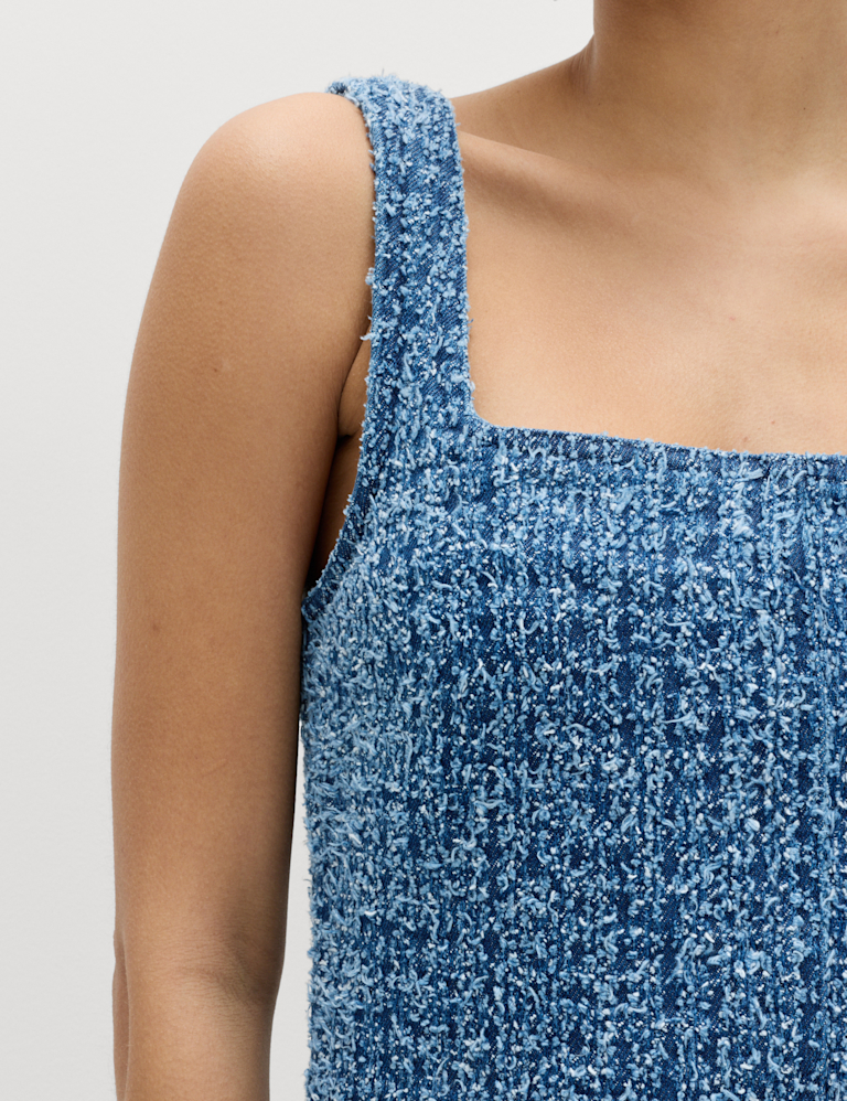 Pure Cotton Denim Tufted Mini Shift Dress