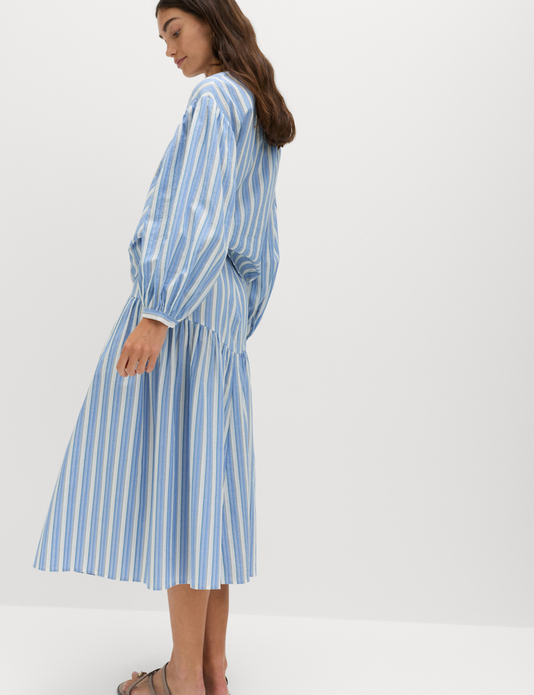Pure Cotton Striped Midi Drop Waist Skirt