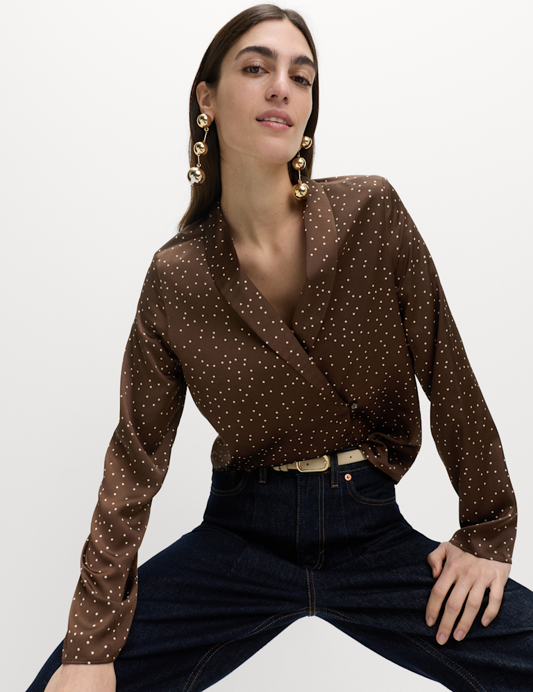 Satin Polka Dot Shawl Collar Shirt Satin Polka Dot Shawl Collar Shirt