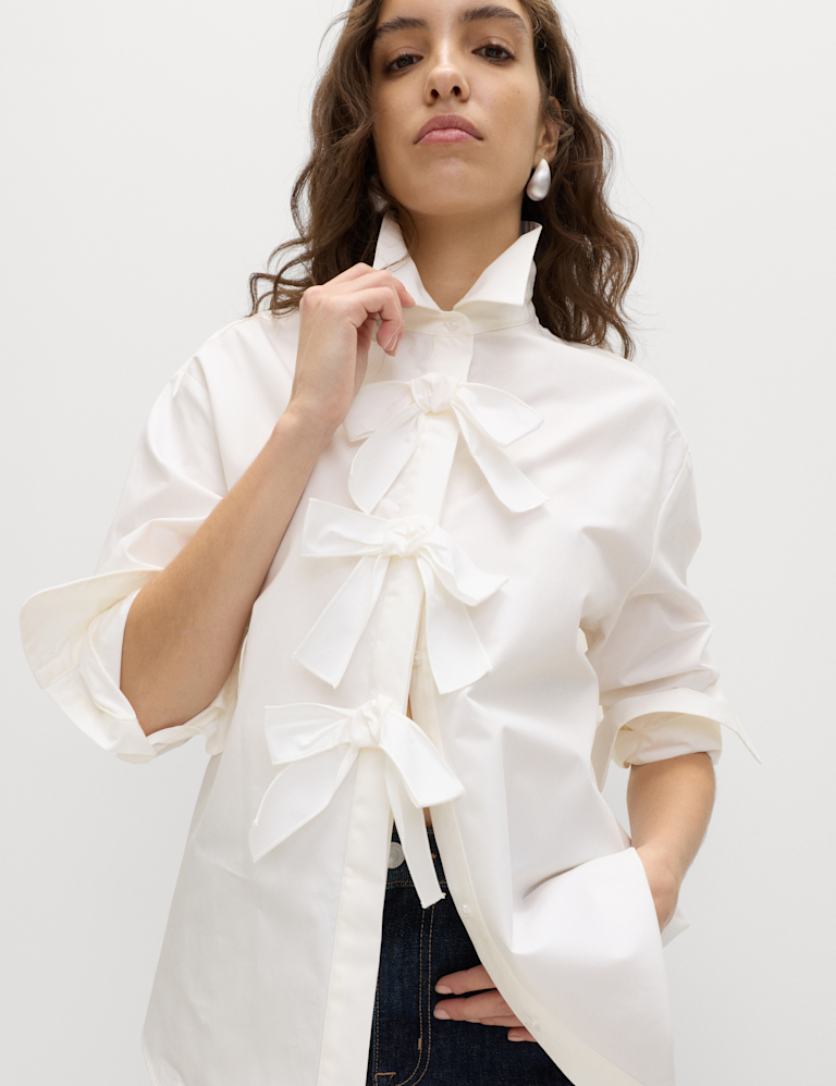Pure Cotton Bow Detail Collared Shirt