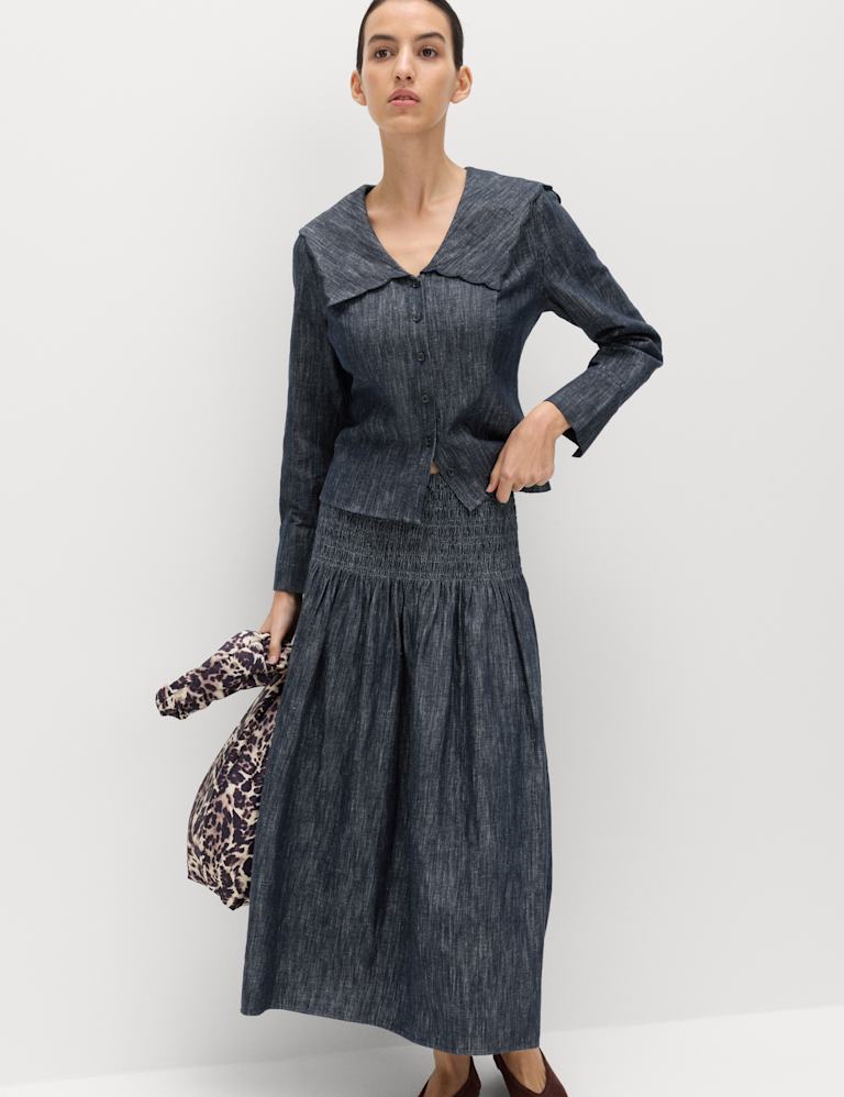 Linen Blend Denim Scallop Collar Shirt Linen Blend Denim Scallop Collar Shirt
