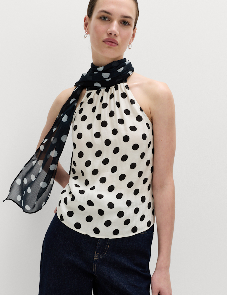 Polka Dot Scarf Detail Top