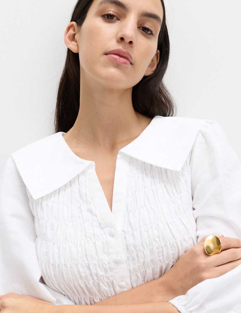 Linen Rich Collared Shirred Shirt