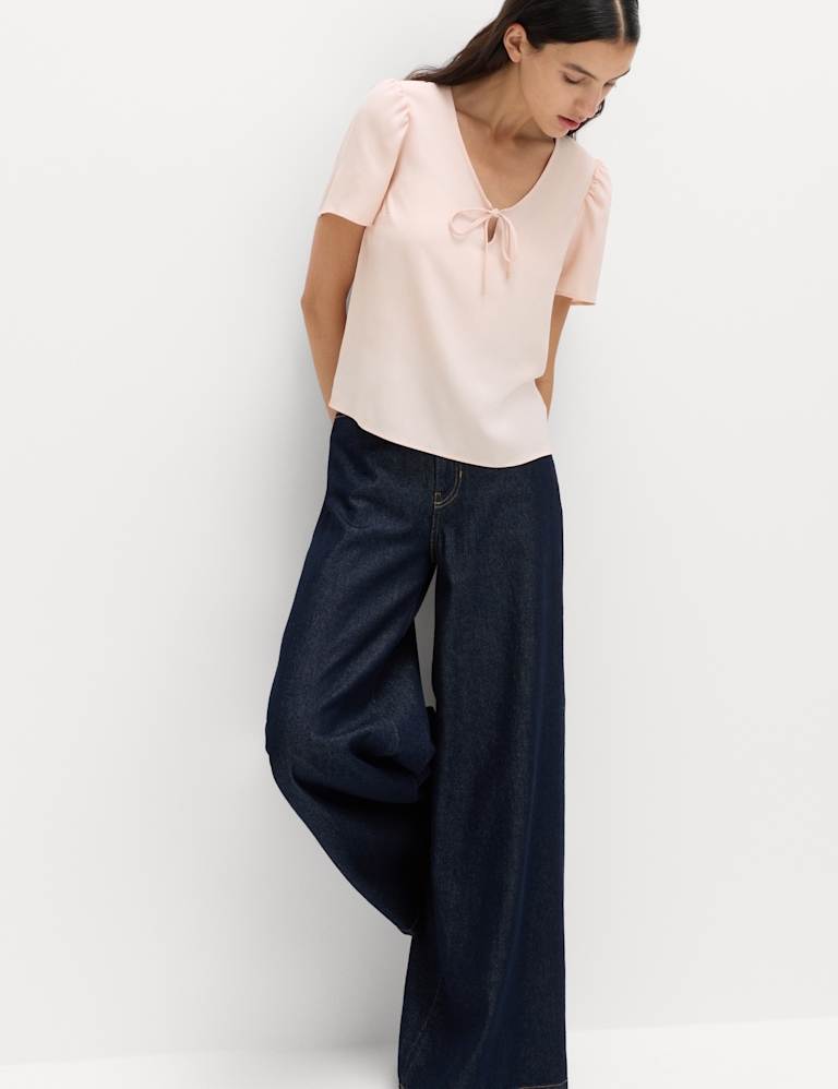 V-Neck Tie Detail Fitted Angel Sleeve Top