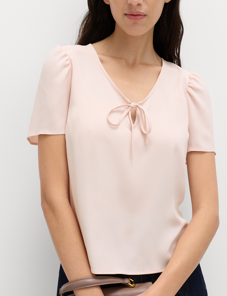 V-Neck Tie Detail Fitted Angel Sleeve Top