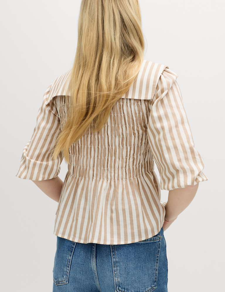 Linen Rich Patterned Shirred Blouse