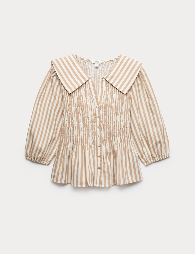 Linen Rich Patterned Shirred Blouse
