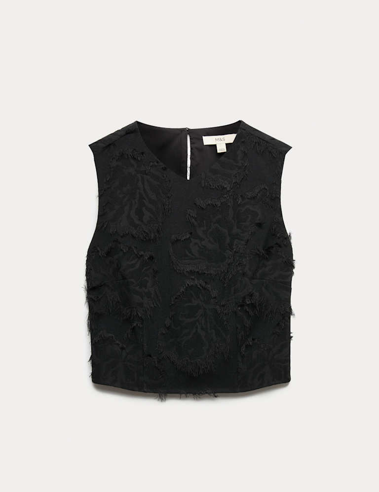 Floral Jacquard Fringed V-Neck Tailored Top