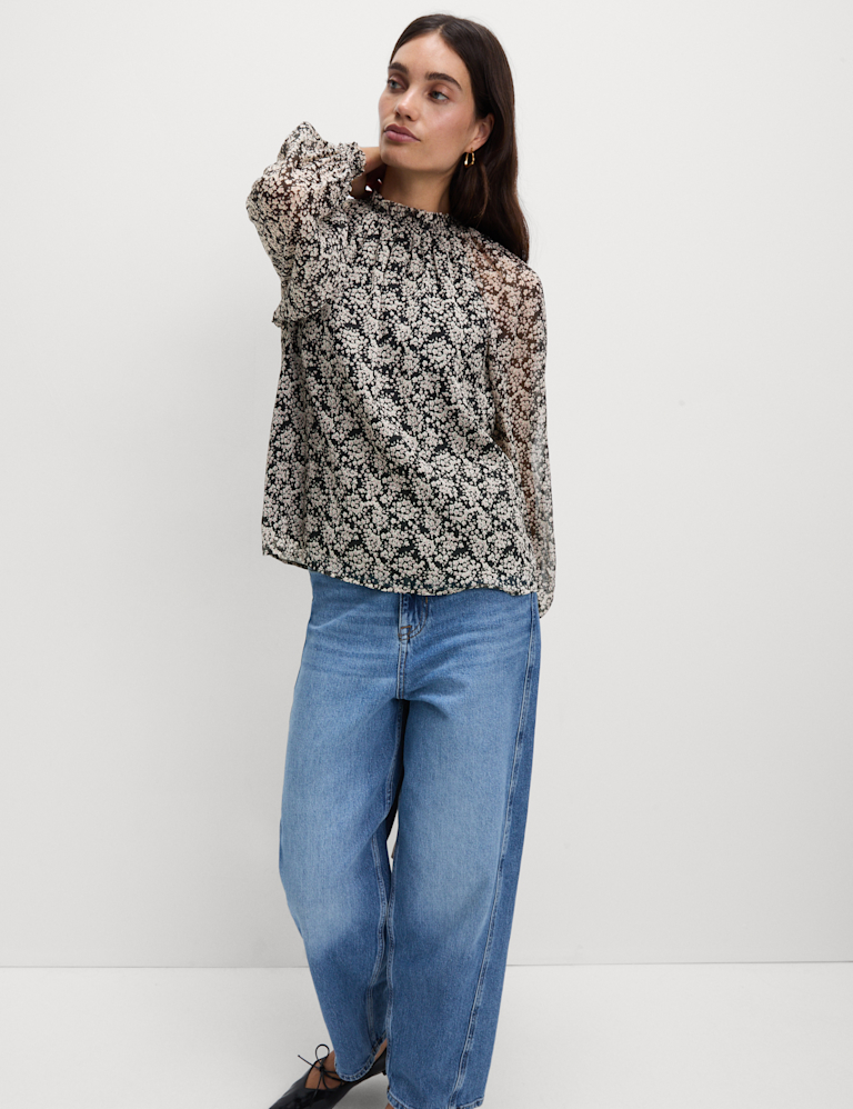 Sheer Floral Printed Long Blouson Sleeve Blouse