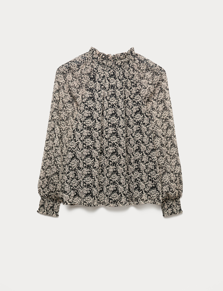 Sheer Floral Printed Long Blouson Sleeve Blouse
