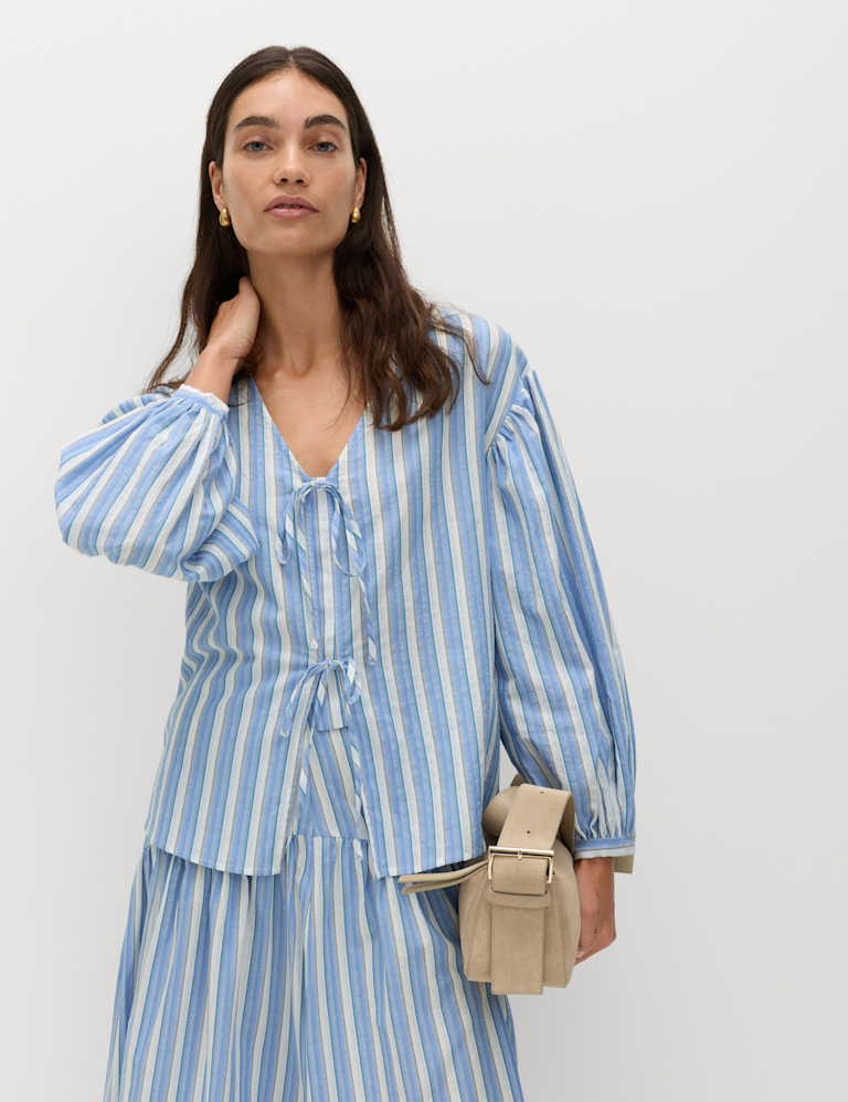 Pure Cotton Striped Tie Front Blouse