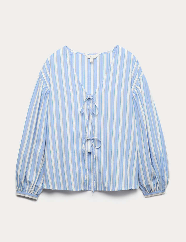 Pure Cotton Striped Tie Front Blouse