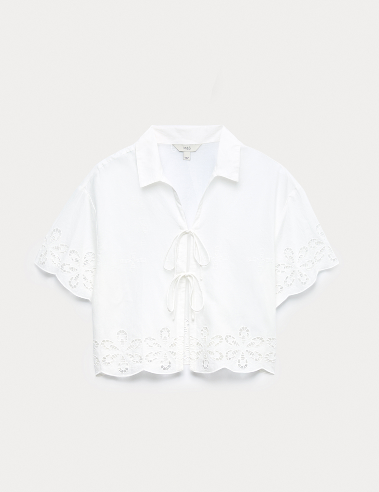 Pure Cotton Broderie Tie Front Beach Shirt