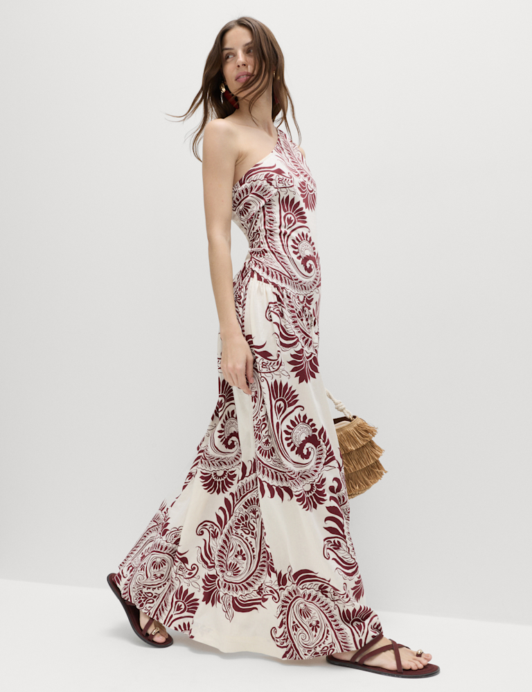 Linen Rich One Shoulder Maxi Shift Dress
