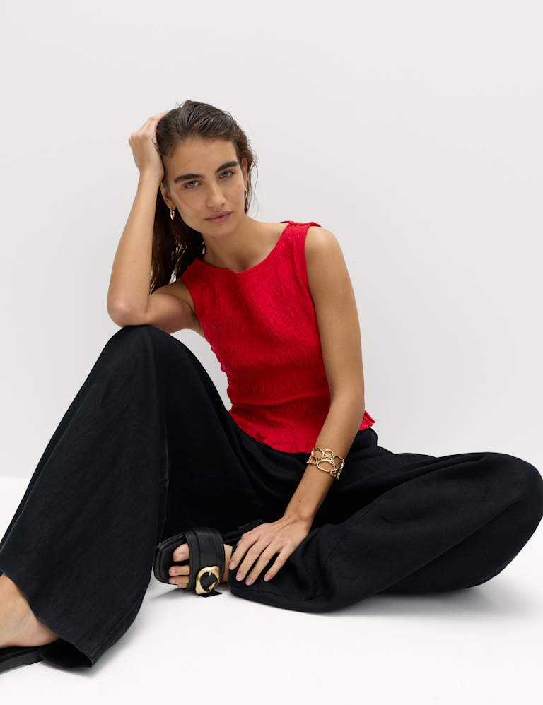 Slash Neck Shirred Top with Linen Slash Neck Shirred Top with Linen