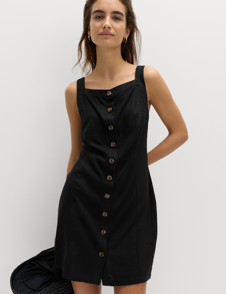 Linen Rich Button Through Mini Shift Dress