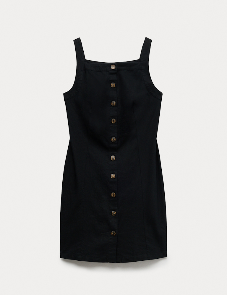 Linen Rich Button Through Mini Shift Dress