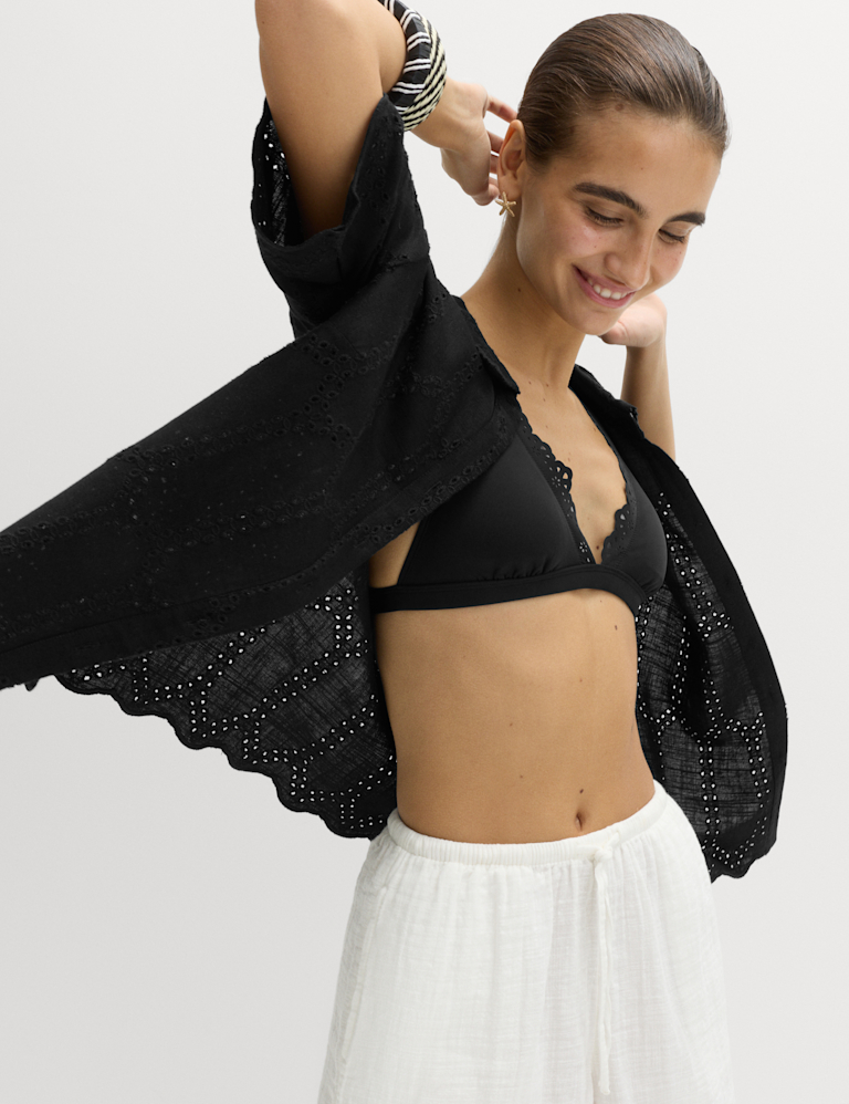 Broderie Collared Cutwork Detail Shirt with Linen