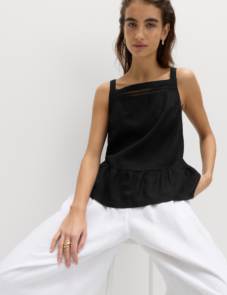 Linen Rich Square Neck Lace Insert Top Linen Rich Square Neck Lace Insert Top