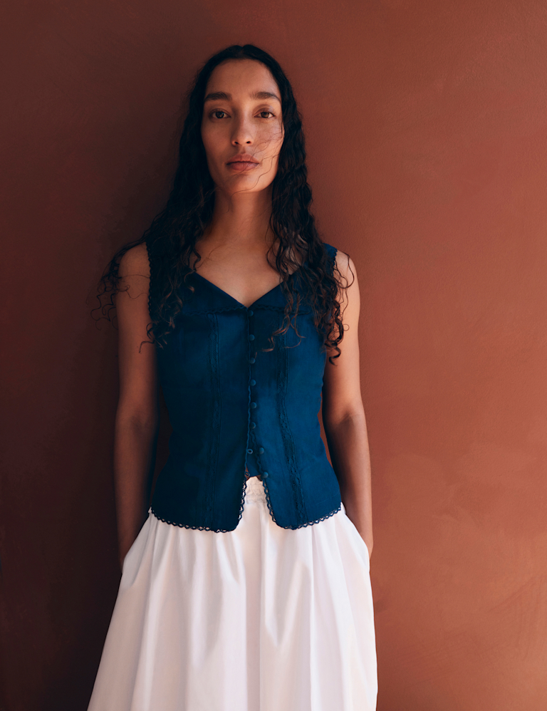 Linen Rich Lace Insert Button Detail Blouse