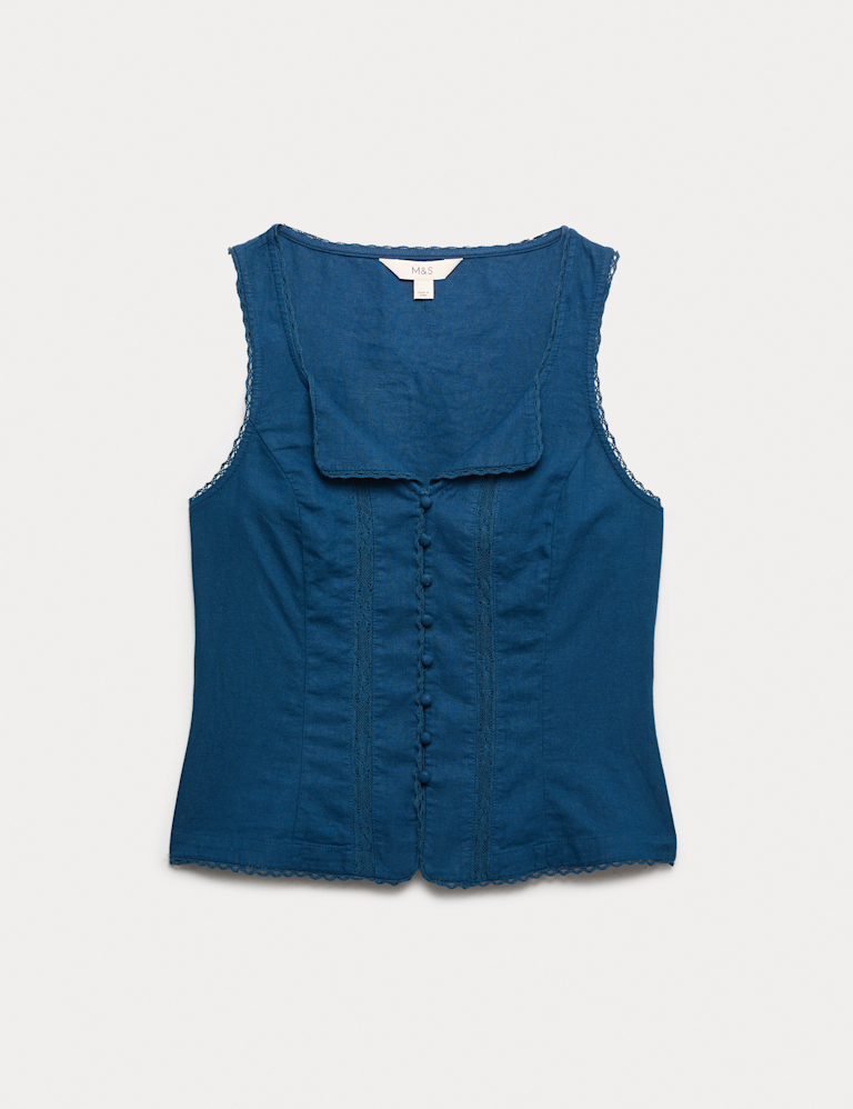 Linen Rich Lace Insert Button Detail Blouse