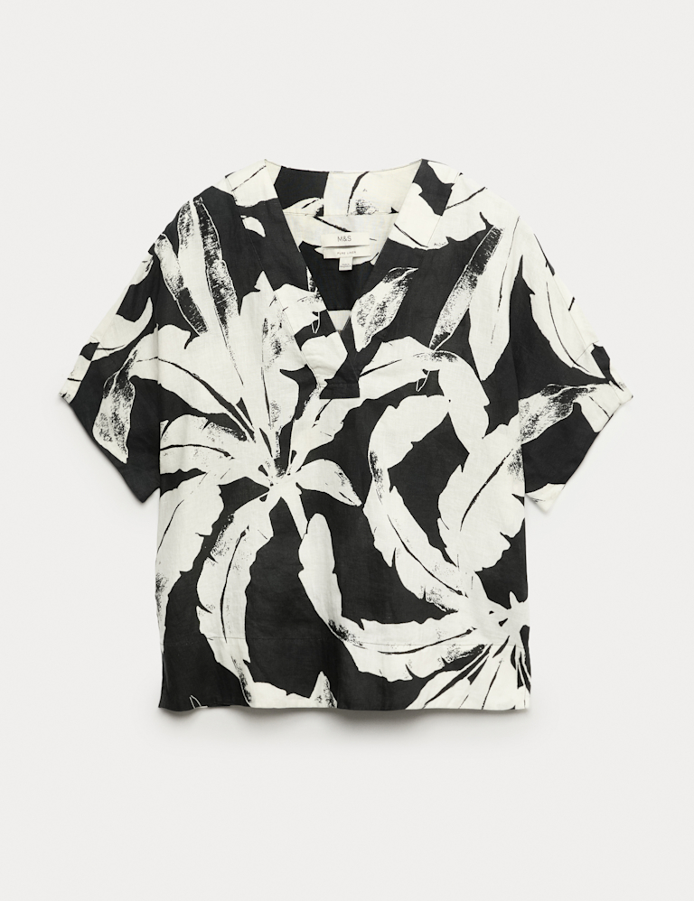 Pure Linen Printed V-Neck Popover Top Pure Linen Printed V-Neck Popover Top