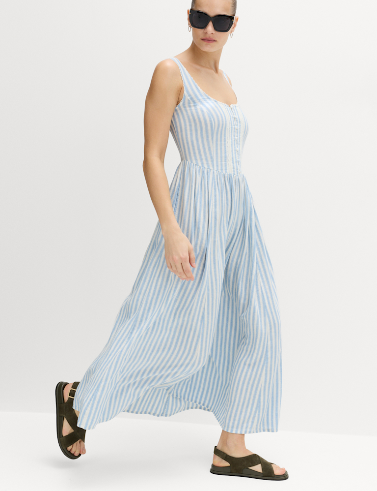 Linen Rich Lace Insert Strappy Midi Shift Dress