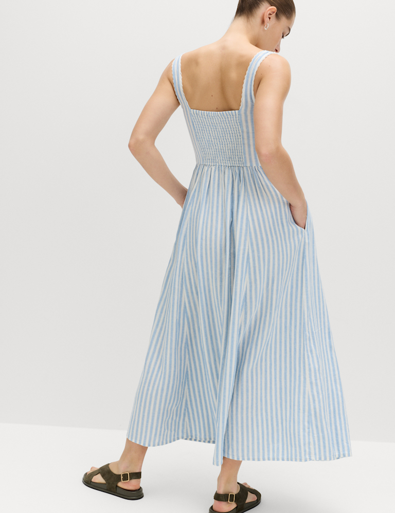 Linen Rich Lace Insert Strappy Midi Shift Dress