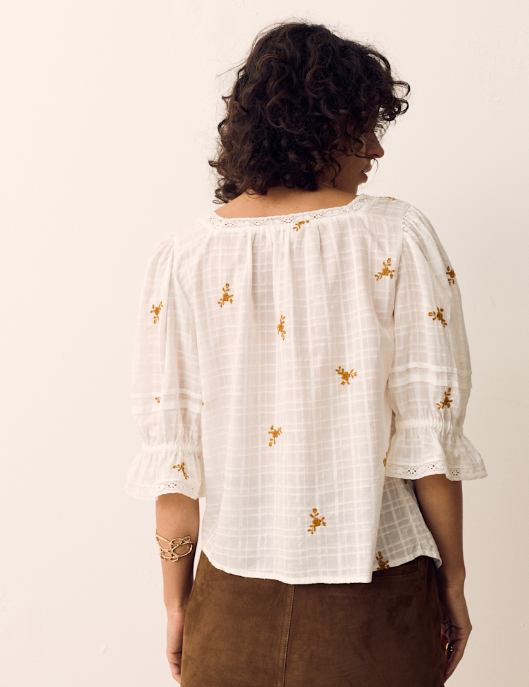 Cotton Rich Embroidered Square Neck Lace Detail Blouse