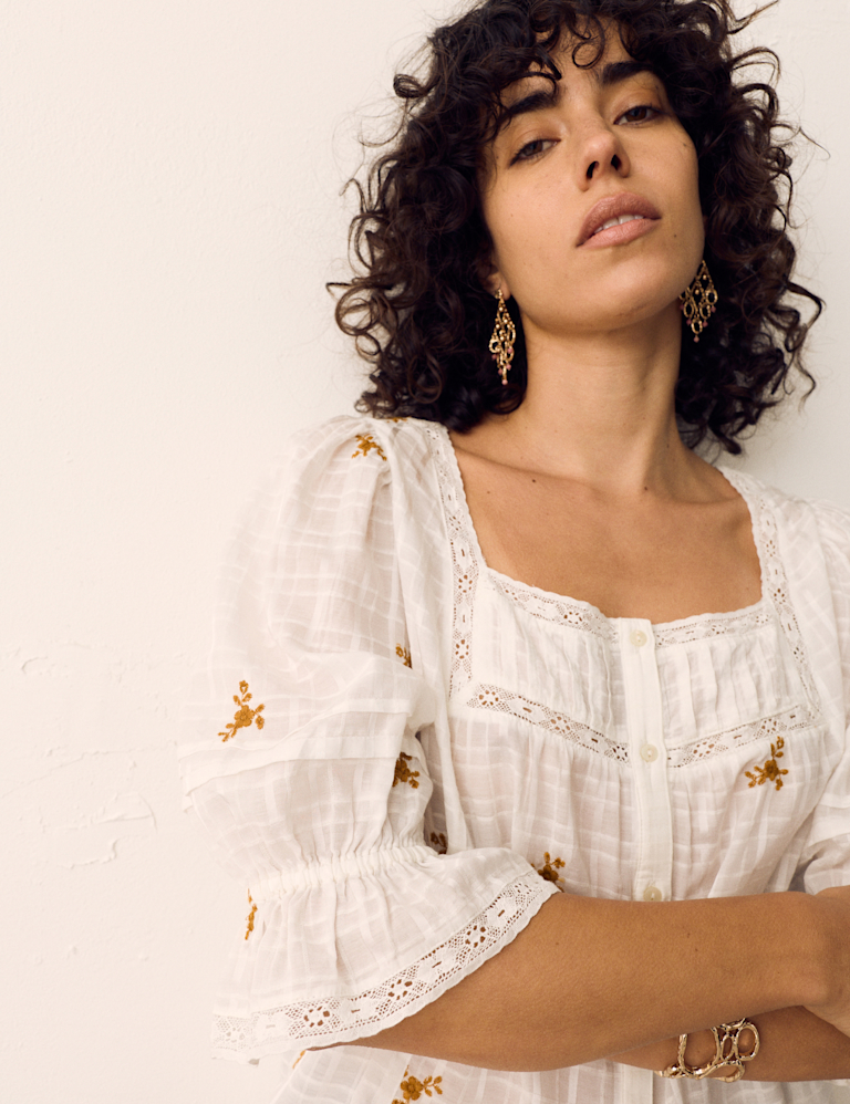 Cotton Rich Embroidered Square Neck Lace Detail Blouse
