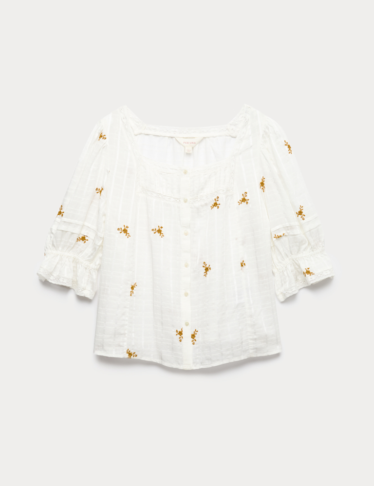 Cotton Rich Embroidered Square Neck Lace Detail Blouse