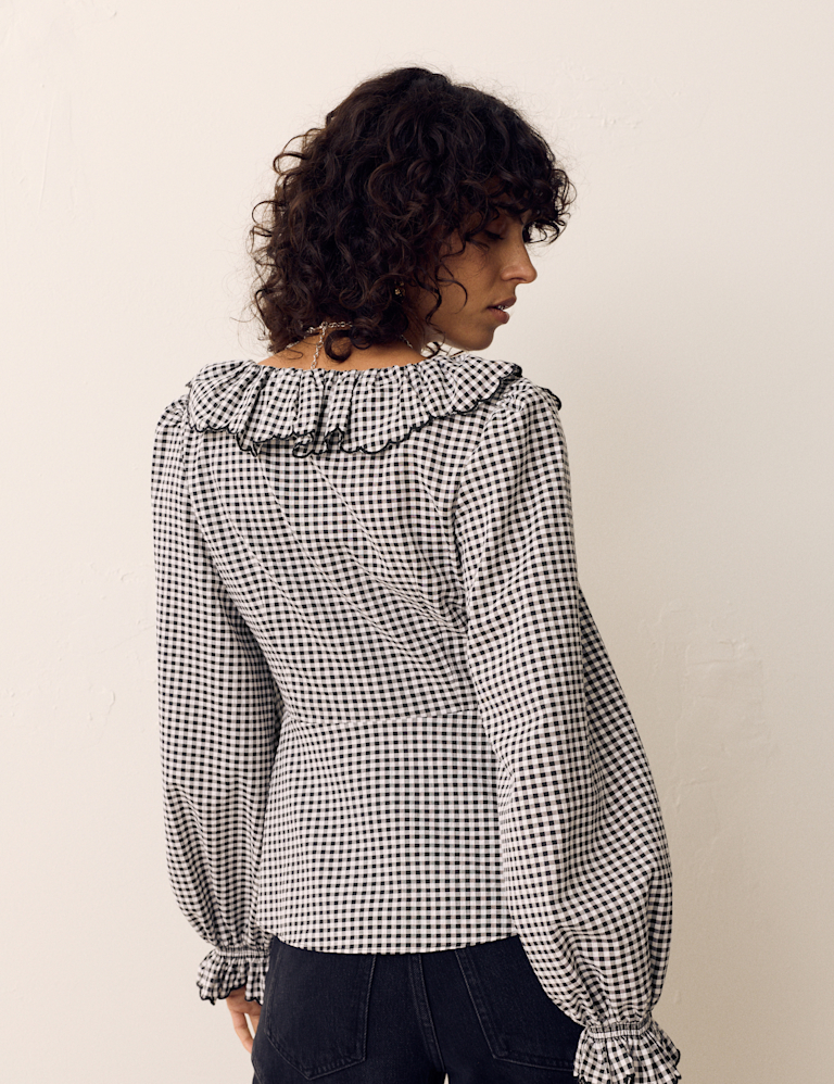 Cotton Rich Gingham Frill Neck Blouse