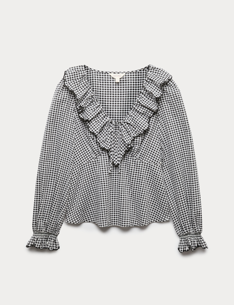 Cotton Rich Gingham Frill Neck Blouse