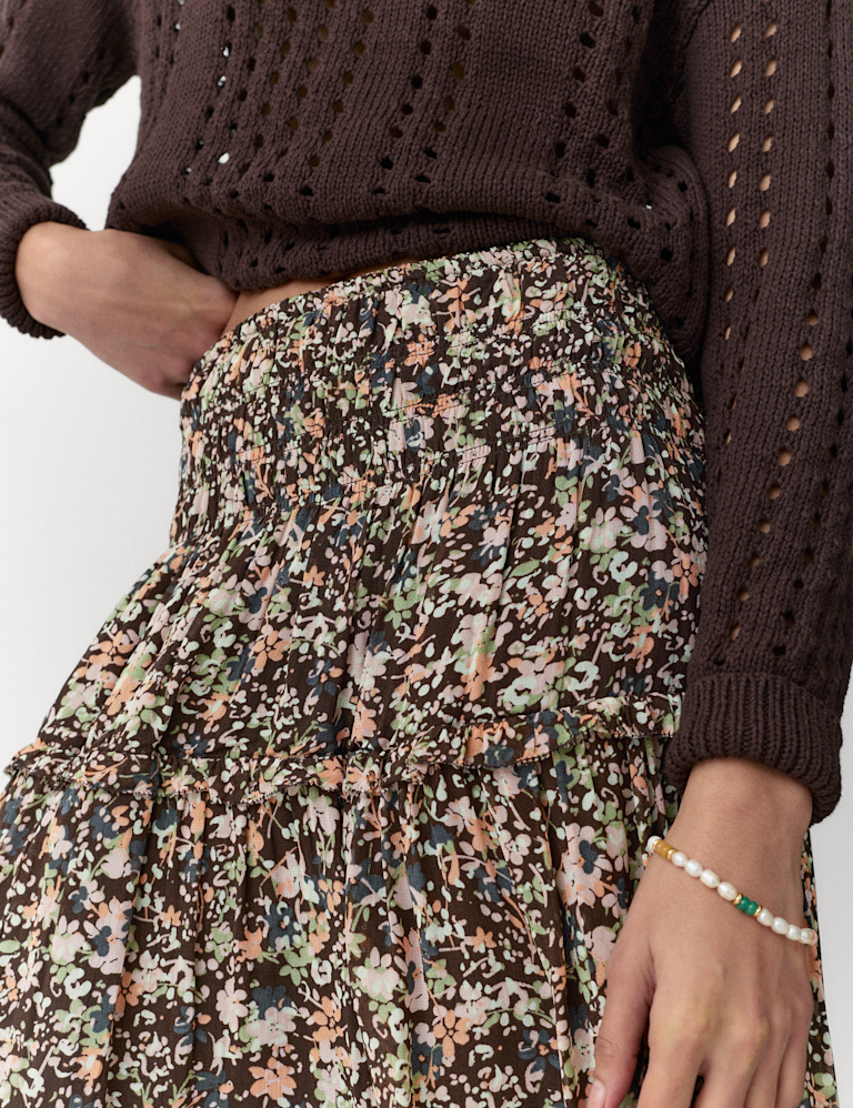 Floral Shirred Waist Maxi Tiered Skirt