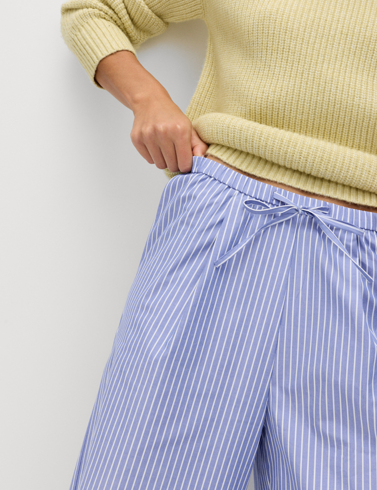 Pure Cotton Striped Drawstring Wide Leg Trousers