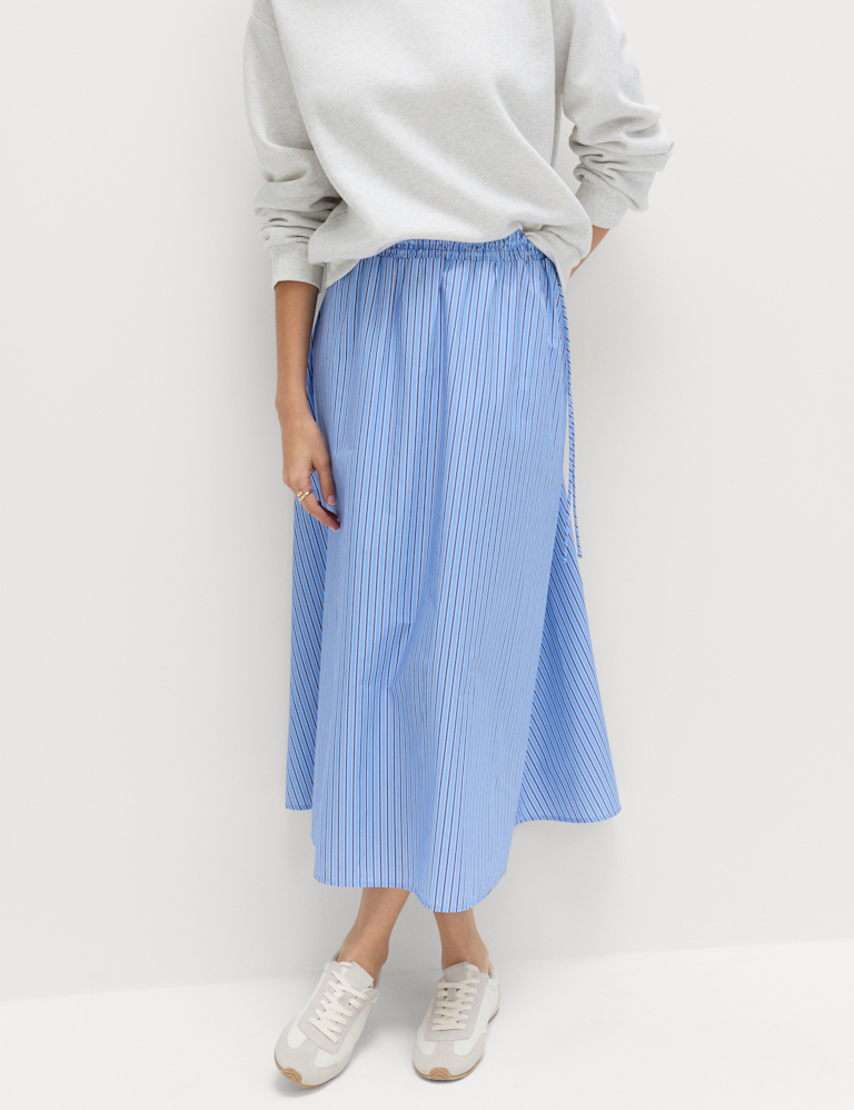 Pure Cotton Poplin Striped Pleated Midi Skirt Pure Cotton Poplin Striped Pleated Midi Skirt