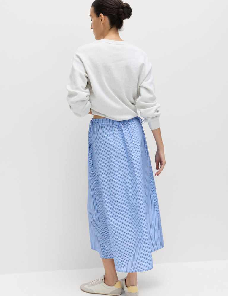 Pure Cotton Poplin Striped Pleated Midi Skirt