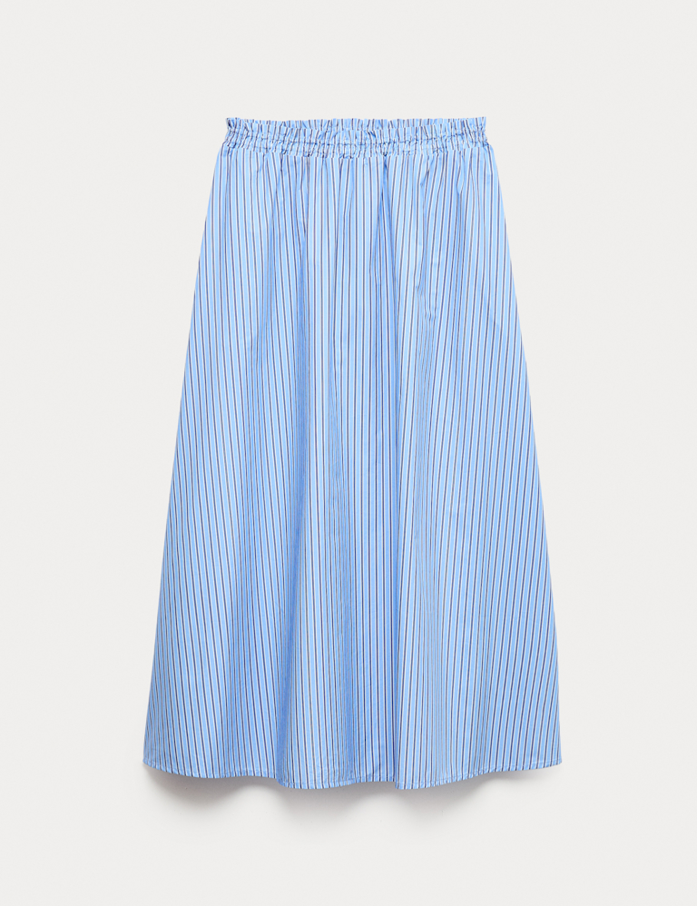 Pure Cotton Poplin Striped Pleated Midi Skirt